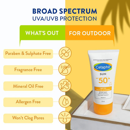Cetaphil Sun SPF 50 Sunscreen For Combination Skin Type, Very High Protection Lightweight Gel, Water-resistant, Vitamin E, 50 ml