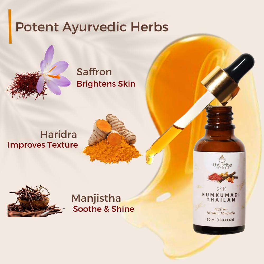 The Tribe Concepts 24K Kumkumadi Thailam Enriched With Saffron Haridra & Manjistha- Chemical Free & Natural - 30 ml