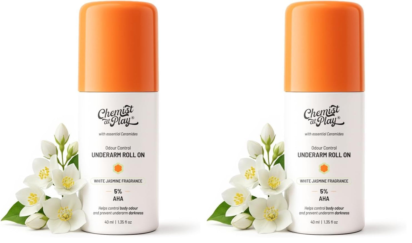 Chemist At Play UnderArm Roll-On with 5% AHA, Lactic Acid & 1% Mandelic Acid|Prevents Body Odour, Fades Pigmentation & Kills Bacteria|0% Aluminium & 0% Alcohol | For Sensitive Skin|Aqua Fragrance|40ml