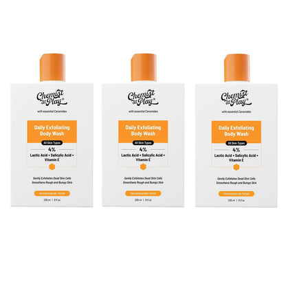 Chemist At Play Exfoliating Body Wash 236ml | Removes Tan, Fights Body Acne, Strawberry Skin | 4% (Salicylic Acid, Vitamin E & Lactic Acid) | Gentle Exfoliating Shower Gel For Women & Men