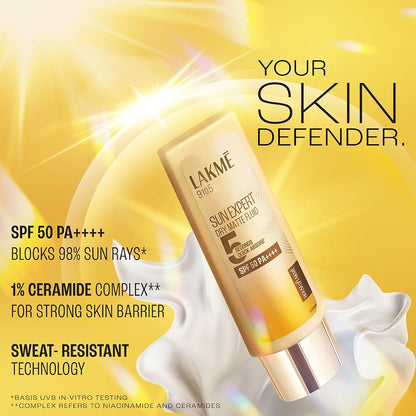 Lakme Sun Expert Dry Matte Fluid SPF 50++++ Sunscreen with 1% niacinamide & ceramide, for oily skin & combination skin 50ml