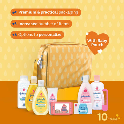 Johnson's Baby Gift Pack with Travel Kit - Newborn Essentials, 10 Items