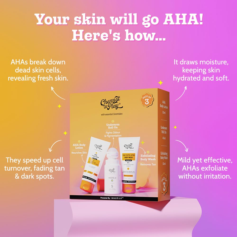 Chemist At Play Exfoliating Kit | Exfoliating Body Wash Removes Tan | Underarm Roll On Fights Odour & Brightens Underarm | AHA Body Lotion Nourishes Skin | 140ml