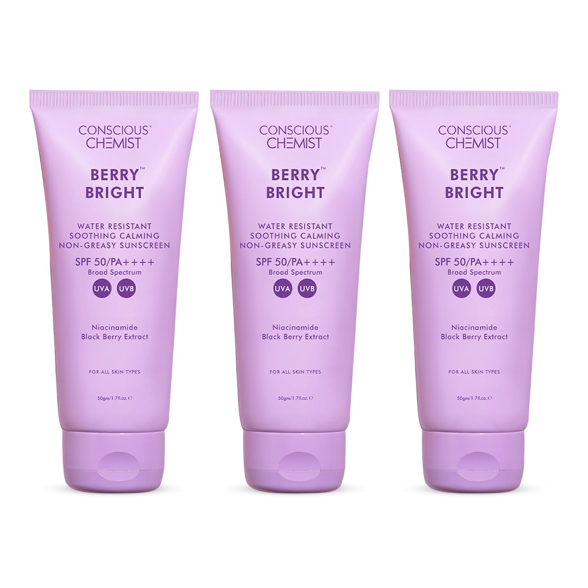 Conscious Chemist® Sunscreen SPF 50 PA++++ | 50g | Sunscreen for Oily Skin, Gel Sunscreen, Niacinamide with Black Berry Extract, Hybrid Lightweight, All Skin Types - Berry Bright
