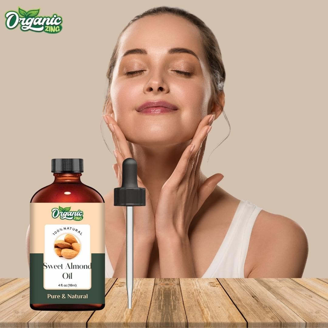 Organic Zing Sweet Almond (Prunus Amygdalus) Oil | Pure & Natural Essential Oil for Skincare, Hair Care, Massage