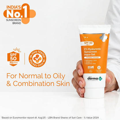 The Derma Co 1% Hyaluronic Sunscreen Aqua Gel SPF 50 PA++++ | Hydrating, Lightweight & Non-Greasy | No White Cast | Broad Spectrum & Blue Light Protection | Clinically Tested - (In-Vivo) | 80 g