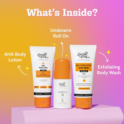 Chemist At Play Exfoliating Kit | Exfoliating Body Wash Removes Tan | Underarm Roll On Fights Odour & Brightens Underarm | AHA Body Lotion Nourishes Skin | 140ml