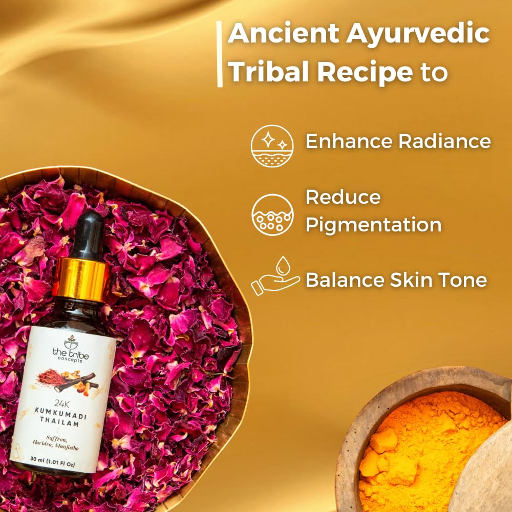 The Tribe Concepts 24K Kumkumadi Thailam Enriched With Saffron Haridra & Manjistha- Chemical Free & Natural - 30 ml