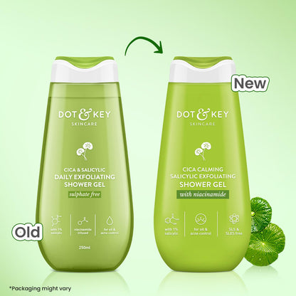Dot & Key Cica & 1% Salicylic Daily Exfoliating Shower Gel | Niacinamide Infused | Body Wash for Oil & Acne Control | Reduces Body Acne & Smoothes Irritation | Clean, Acne Free Skin | 250ml