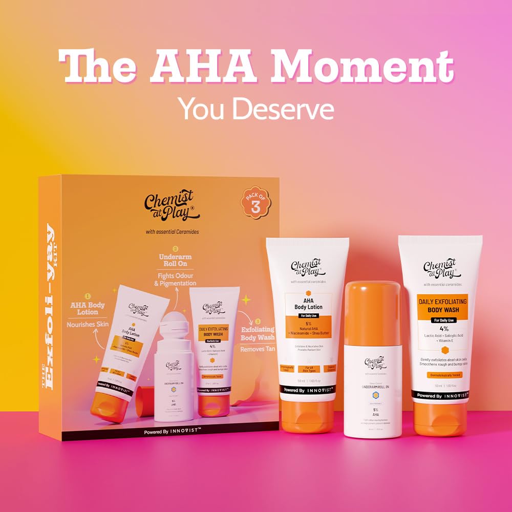 Chemist At Play Exfoliating Kit | Exfoliating Body Wash Removes Tan | Underarm Roll On Fights Odour & Brightens Underarm | AHA Body Lotion Nourishes Skin | 140ml