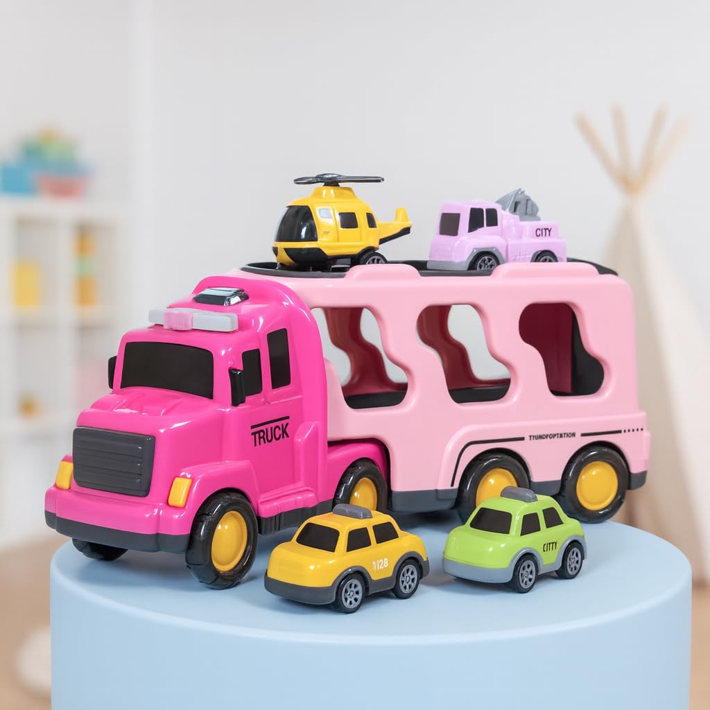 Mini Explorer 5 in 1 Police Trucks Boy Toys for 3-5 Year Old Toddlers - Toys for 3 4 5 6 7 Years Old Transport Vehicle Carrier Truck Sets Kids Boys & Girls
