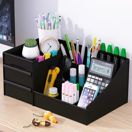 SHUTTLE ART Modern Desk Storage Organizer Box with 2 Drawers –Stackable Desk Organizer with Pen Holder and 5 Compartments – Perfect for Office, Home, School, Art Supplies, Crafts, and Stationery(Blue)