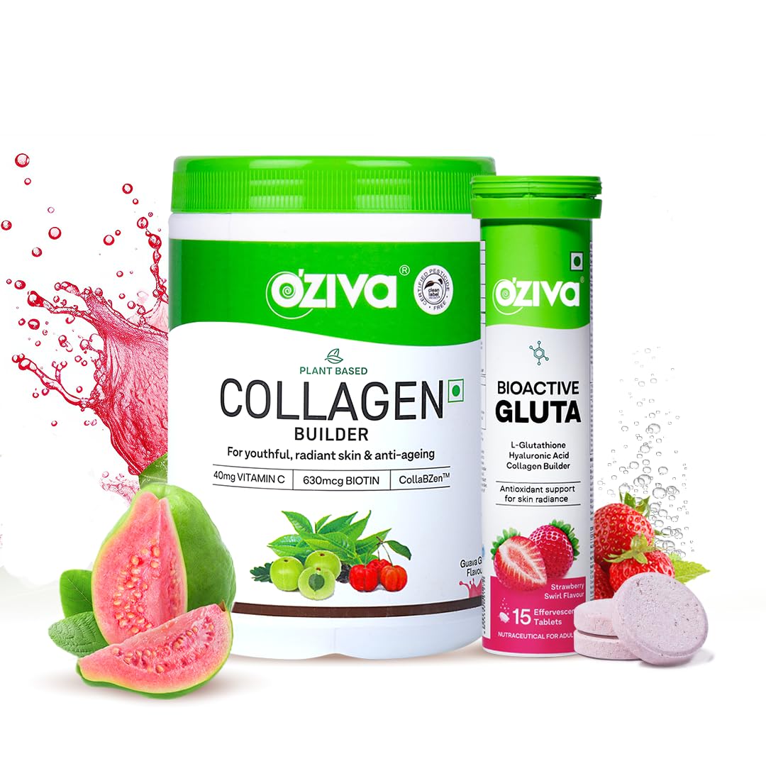 OZiva Phyto Ceramides+ Collagen Builder Supplements | Veg Collagen Powder for Women | Supplement for Skin Hydration, Moisture Retention & Barrier Repair | Blueberry, 30 Sachets