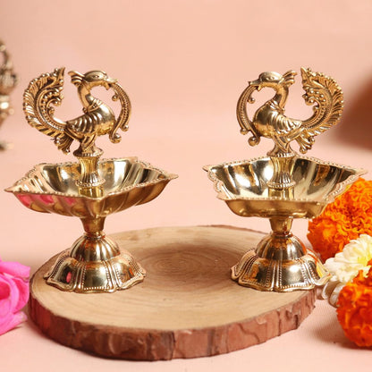Peacock Diya | Peacock Design Brass Diya | Brass Diyas for Home | Kuthu Vilakku Decoration Items for Home Decor | 3.5 Inch | Diya for Diwali | Ideal for Gifting - 2 Pcs Set