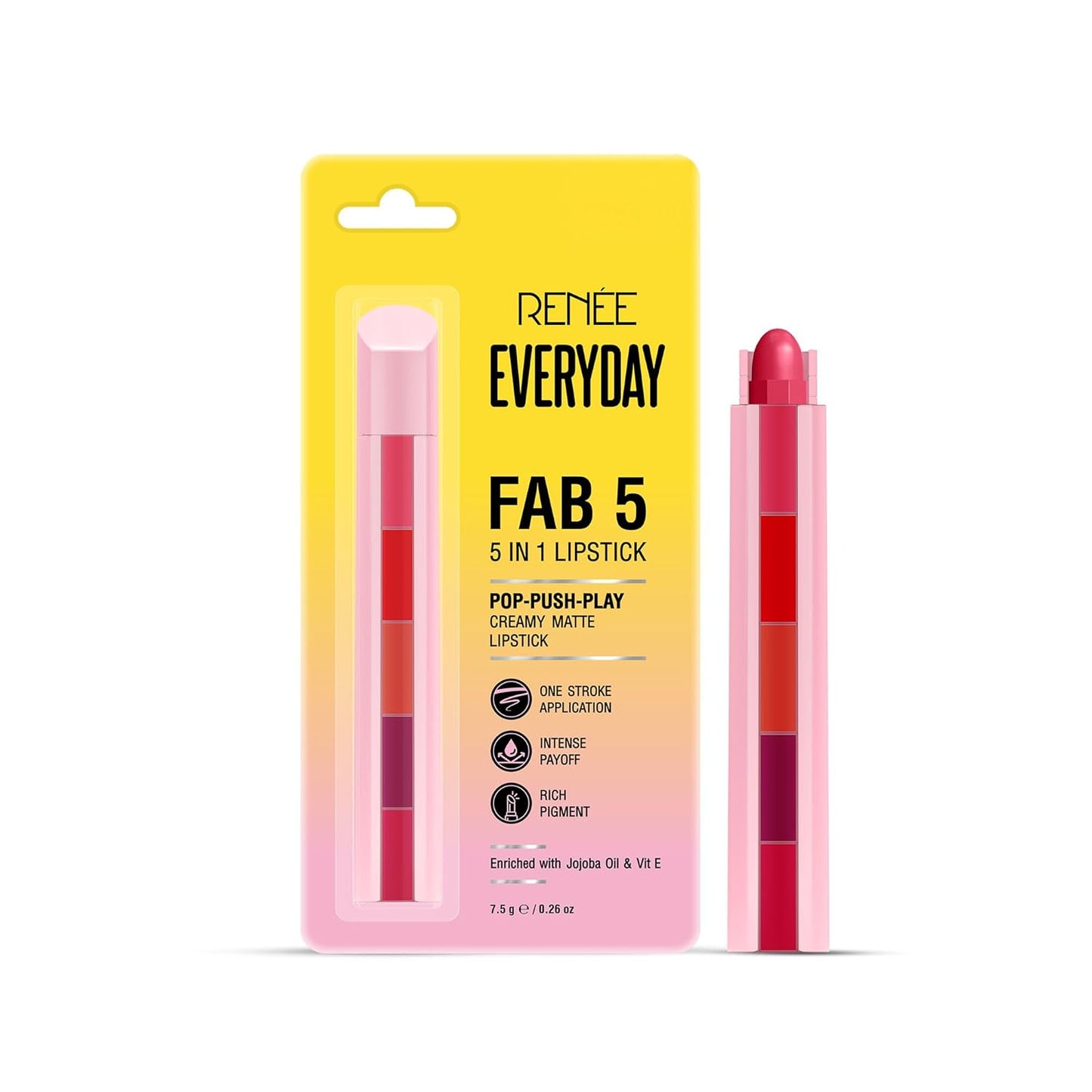 RENEE Everyday Fab 5 5-in-1 Nude Matte Lipstick | 5 Shades In 1 Stick, Matte Finish, Intense Colour Pay-off | Creamy Formula, Glides Easily, One Stroke Application | With Jojoba Oil & Vitamin E | 7.5 g
