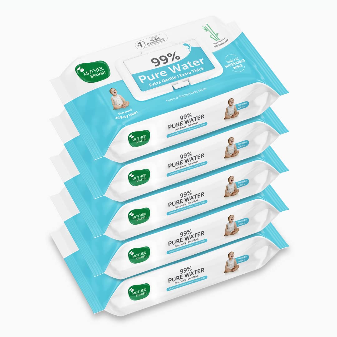 Mother Sparsh 99% Pure Water (Unscented) Baby Wipes with Lid I Natural Plant made cloth - Super thick Wet Wipes I 72 pcs/pack - Pack of 2 (Super Saver Pack)