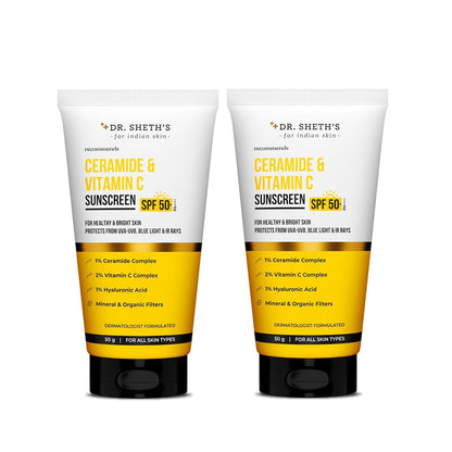 Dr. Sheth's Ceramide & Vitamin C Sunscreen | In-Vivo Tested | Protects, Moisturizes & Brightens Skin | SPF 50+ PA++++ | Lightweight, Leaves No White Cast | 50 g