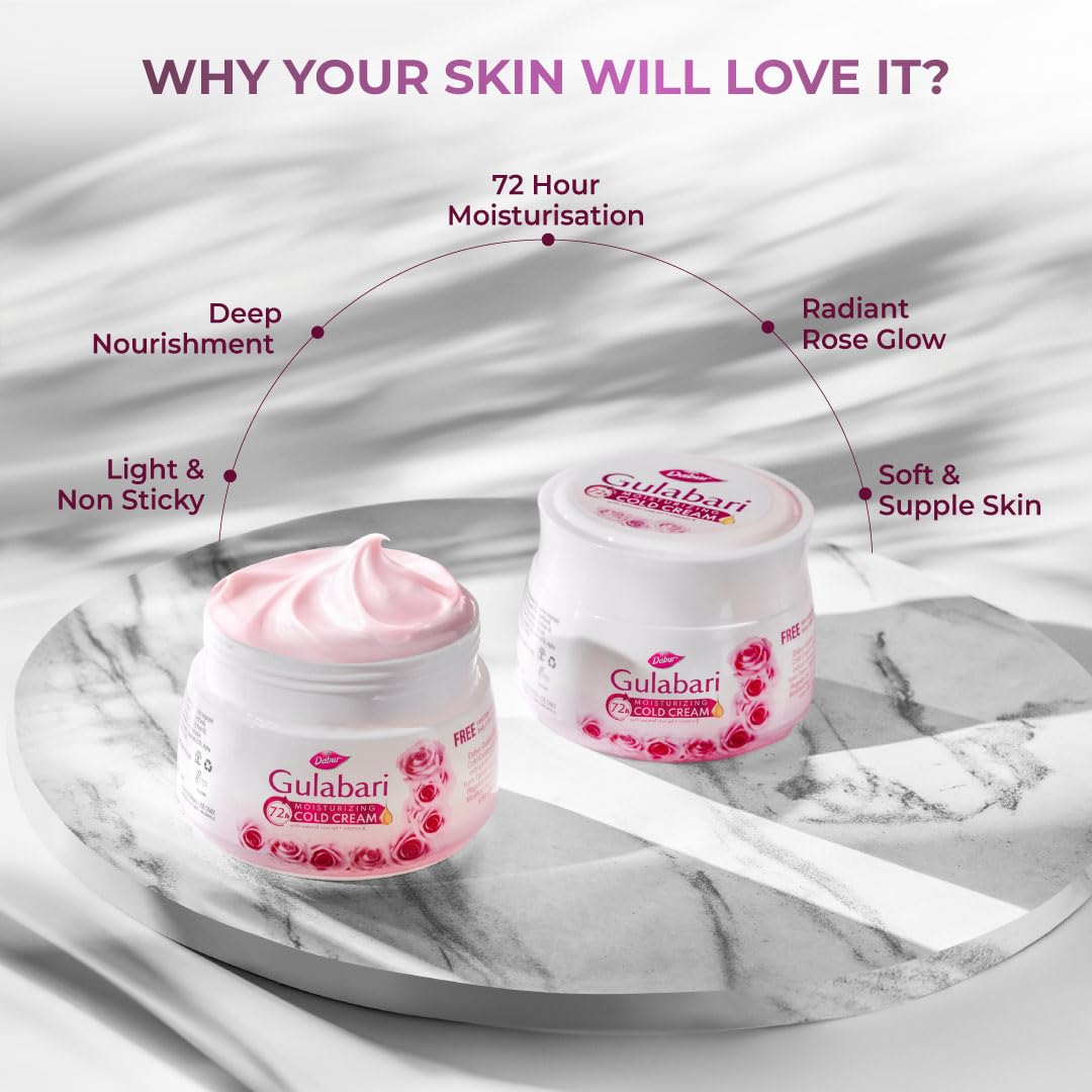 DABUR Gulabari Moisturizing Cold Cream 100Gm + Gualabari Lip Balm 8Gm|With Goodness Of Natural Rose Oil & Vitamin E|Intense Hydration And Deep Moisturization|For Smooth & Soft Skin|All Skin Types