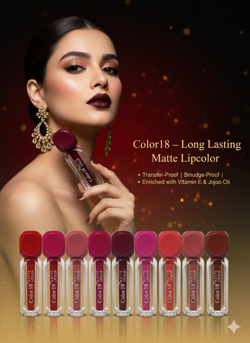Color 18® Liquid Lipstick Set of 12 | Long Lasting Matte, Smudge-Proof & Waterproof Lip Colors | Bold & Vibrant Shades for All Occasions (Pack of 12)