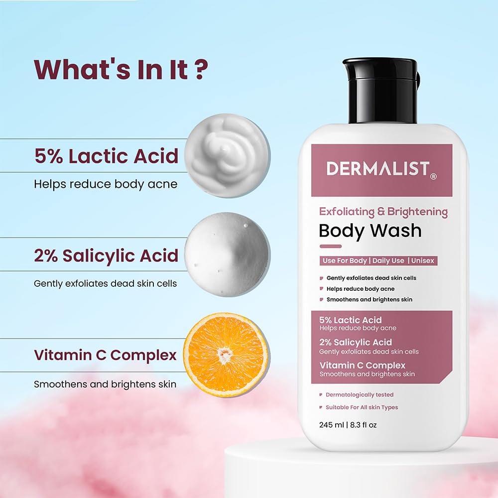 Dermalist Exfoliating & Brightening Body Wash 5% Lactic Acid + 2% Salicylic Acid + Vitamin C and De-Tan Shower Gel For Men & Women Reduces Body Acne & Dead Skin 245ml