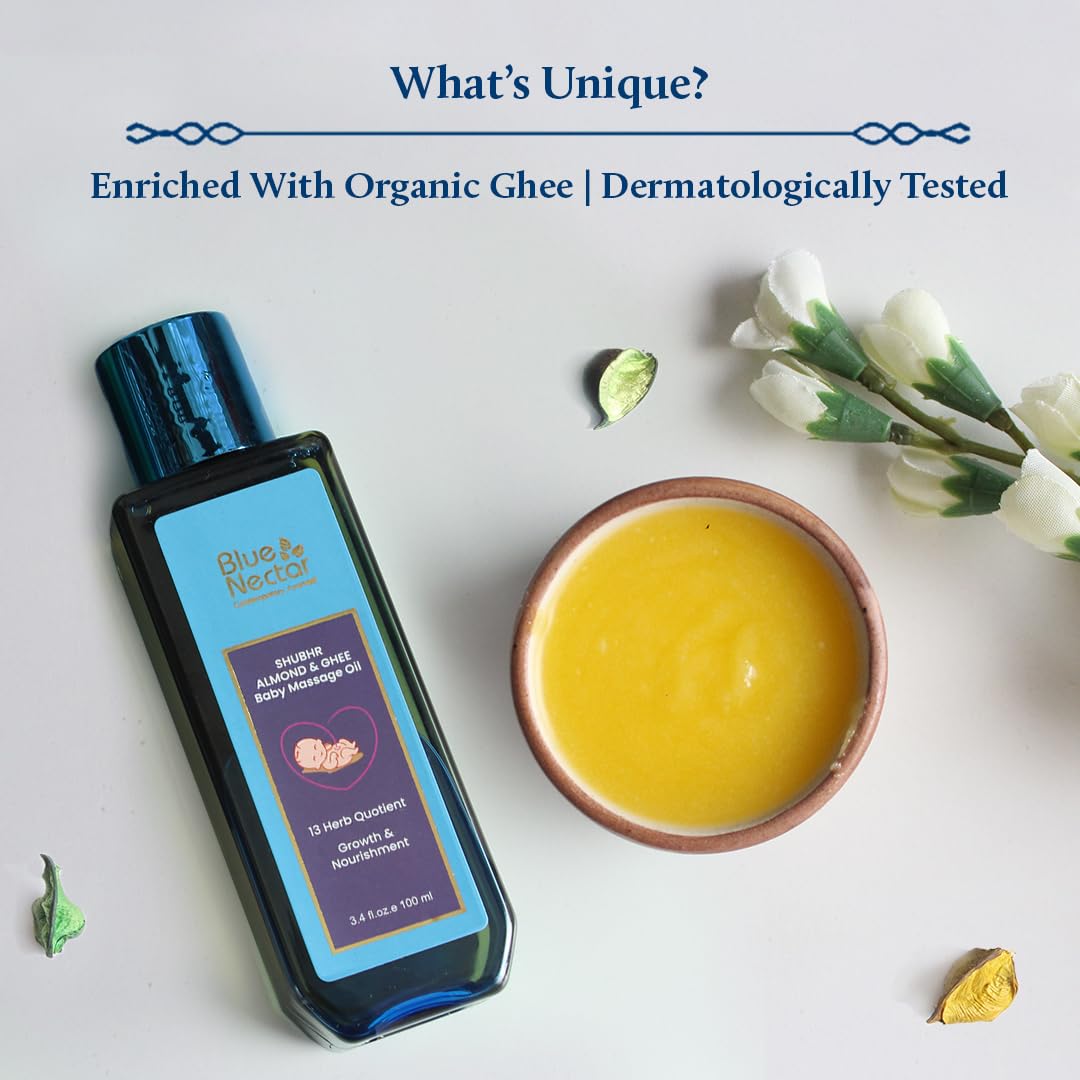 Blue Nectar Ayurvedic Baby Oil with Organic Ghee, 100% Natural Baby Massage Oil With Coconut Oil & Olive Oil | Dermatogically Tested (13 Herbs, 200ml)