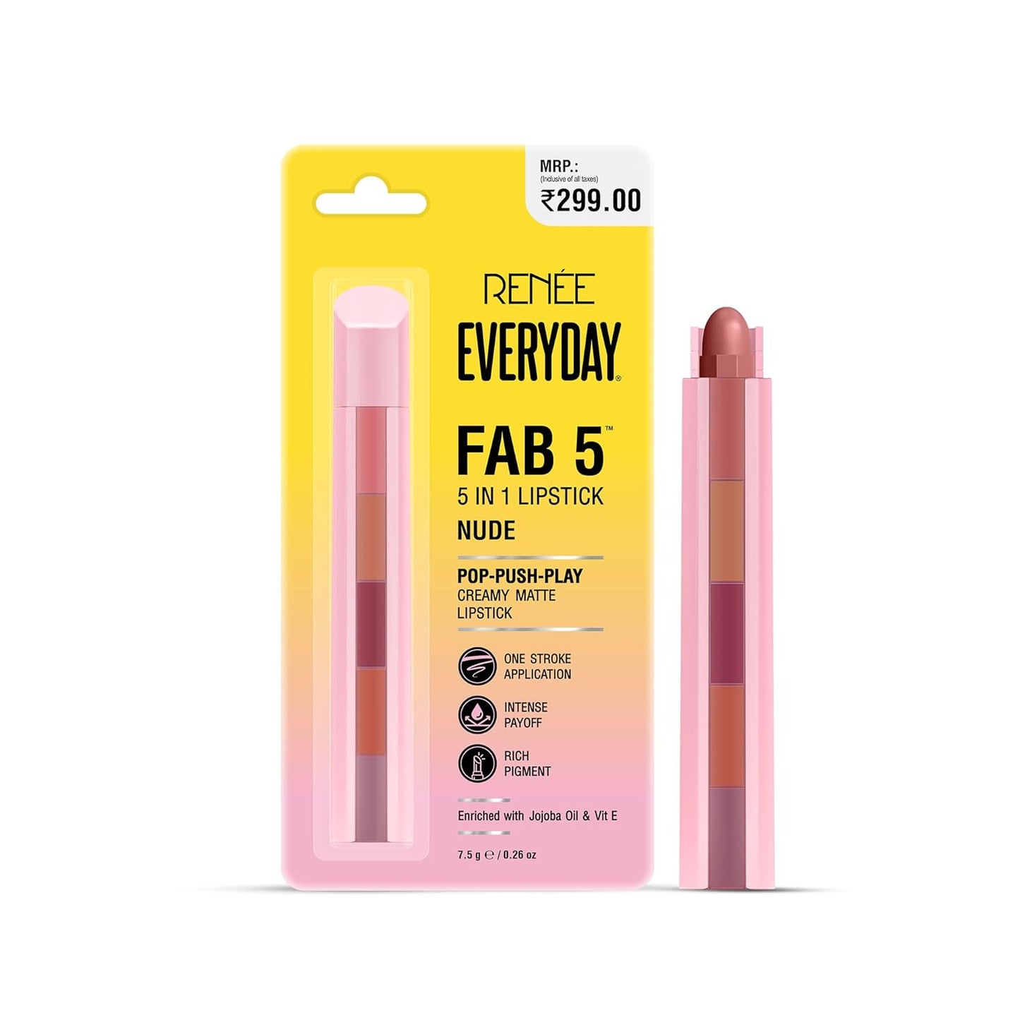 RENEE Everyday Fab 5 5-in-1 Nude Matte Lipstick | 5 Shades In 1 Stick, Matte Finish, Intense Colour Pay-off | Creamy Formula, Glides Easily, One Stroke Application | With Jojoba Oil & Vitamin E | 7.5 g