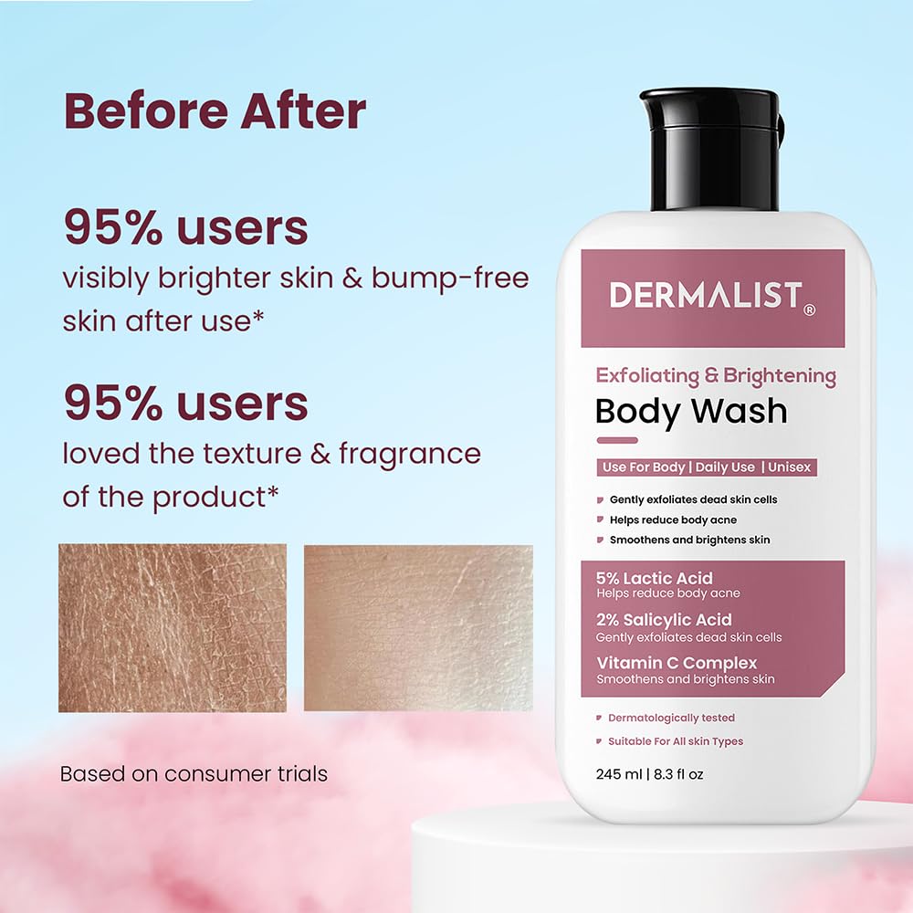 Dermalist Exfoliating & Brightening Body Wash 5% Lactic Acid + 2% Salicylic Acid + Vitamin C and De-Tan Shower Gel For Men & Women Reduces Body Acne & Dead Skin 245ml