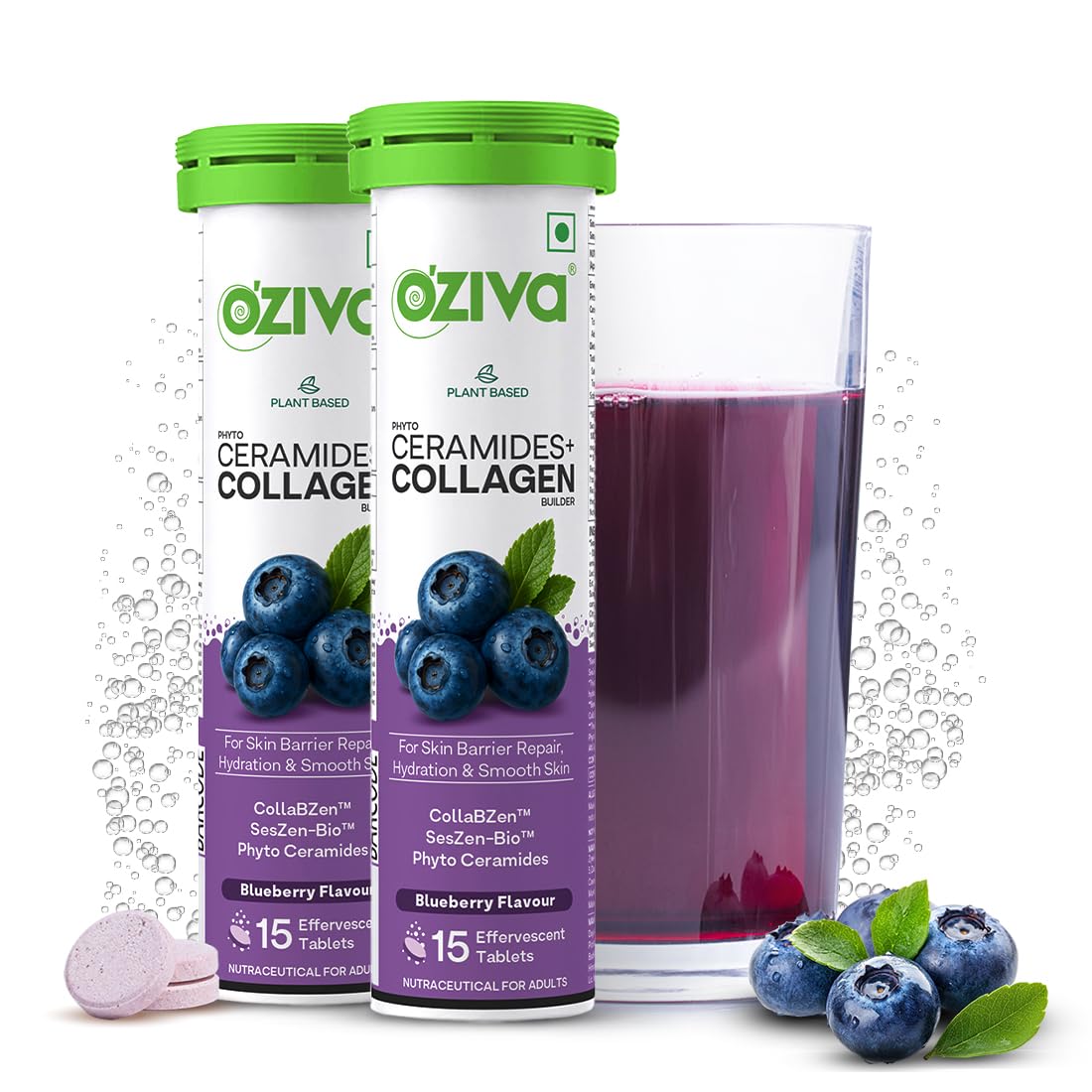 OZiva Phyto Ceramides+ Collagen Builder | For Mositure Retention, Barrier Repair & Hydration Boost | With Suran Extracts, CollabZen & SesZen-Bio | Blueberry Flavour