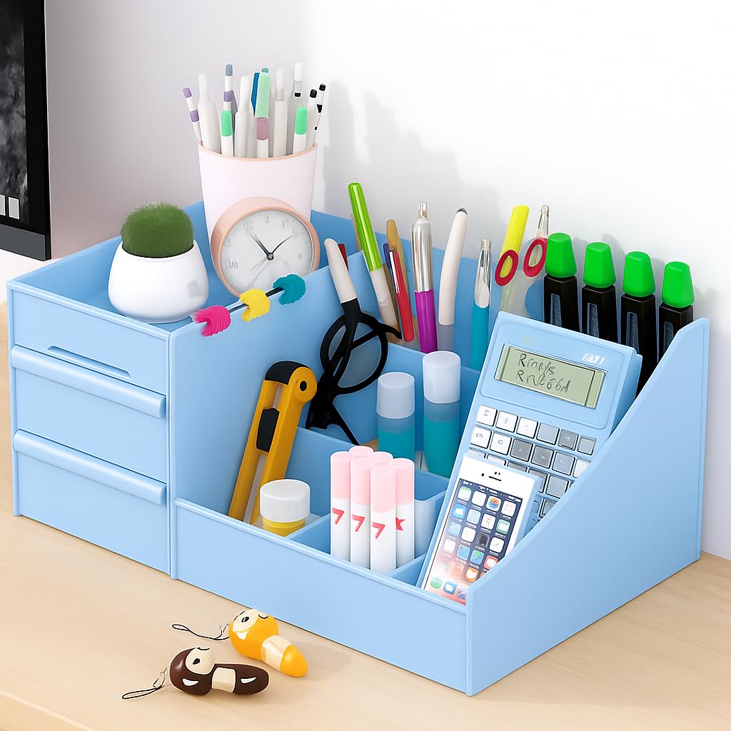 SHUTTLE ART Modern Desk Storage Organizer Box with 2 Drawers –Stackable Desk Organizer with Pen Holder and 5 Compartments – Perfect for Office, Home, School, Art Supplies, Crafts, and Stationery(Blue)