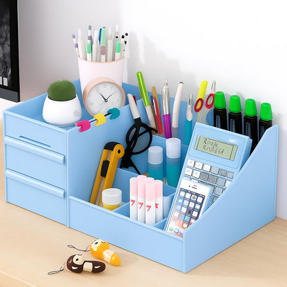 SHUTTLE ART Modern Desk Storage Organizer Box with 2 Drawers –Stackable Desk Organizer with Pen Holder and 5 Compartments – Perfect for Office, Home, School, Art Supplies, Crafts, and Stationery(Blue)