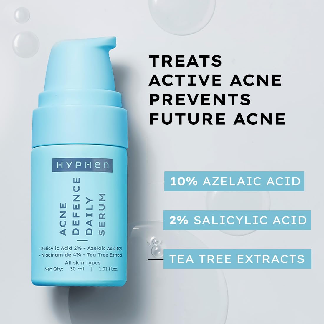 Hyphen Anti Acne 10% Azelaic Acid 2% Salicylic Acid Face Serum | 4% Niacinamide -Reduce Acne Marks, Fight Pimples | Tea Tree Extract -Soothes | Daily Serum for Women, Men | Oily, Acne Prone Skin -30ml