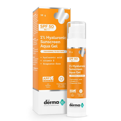 The Derma Co 1% Hyaluronic Sunscreen Aqua Gel SPF 50 PA++++ | Hydrating, Lightweight & Non-Greasy | No White Cast | Broad Spectrum & Blue Light Protection | Clinically Tested - (In-Vivo) | 80 g