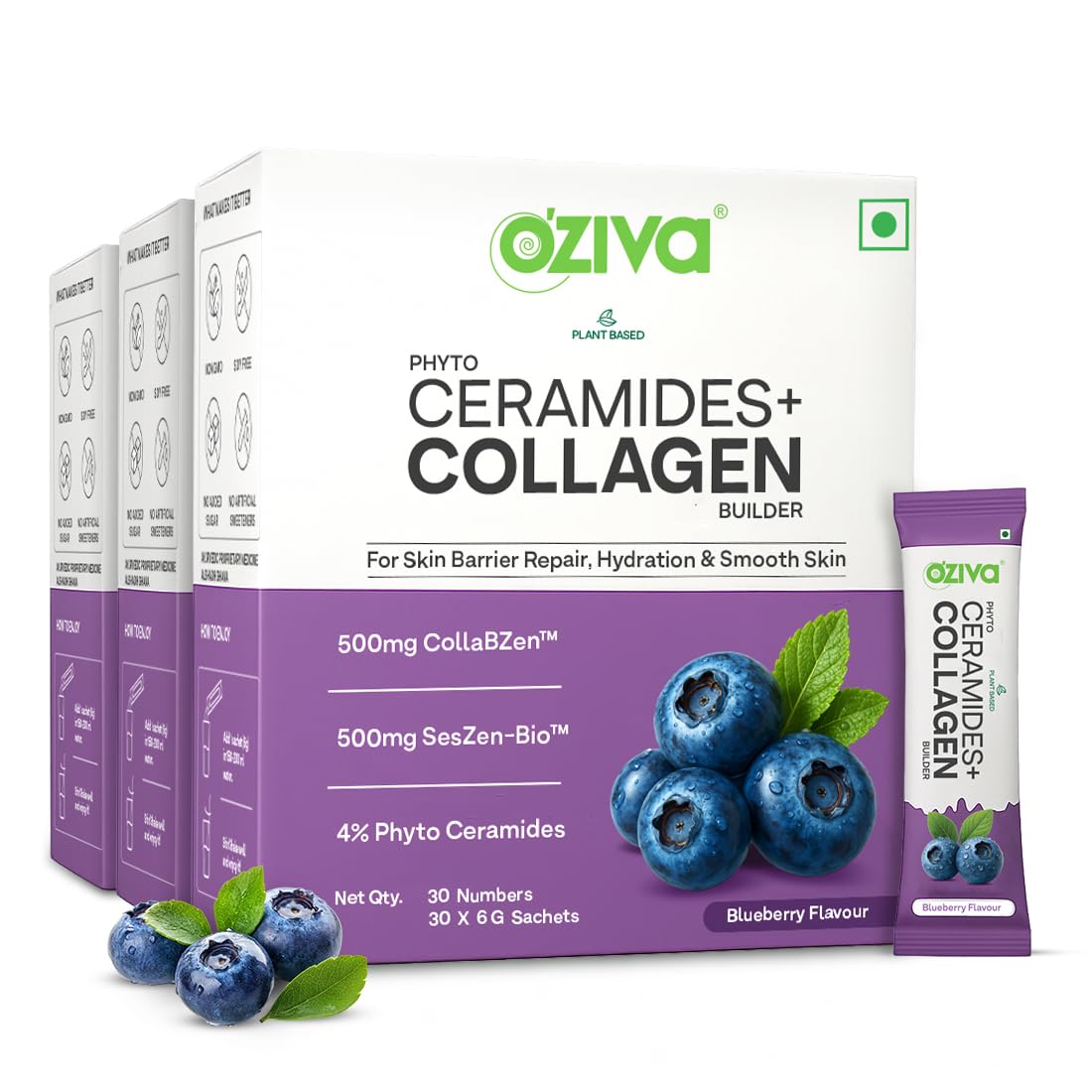 OZiva Phyto Ceramides+ Collagen Builder Supplements | Veg Collagen Powder for Women | Supplement for Skin Hydration, Moisture Retention & Barrier Repair | Blueberry, 30 Sachets