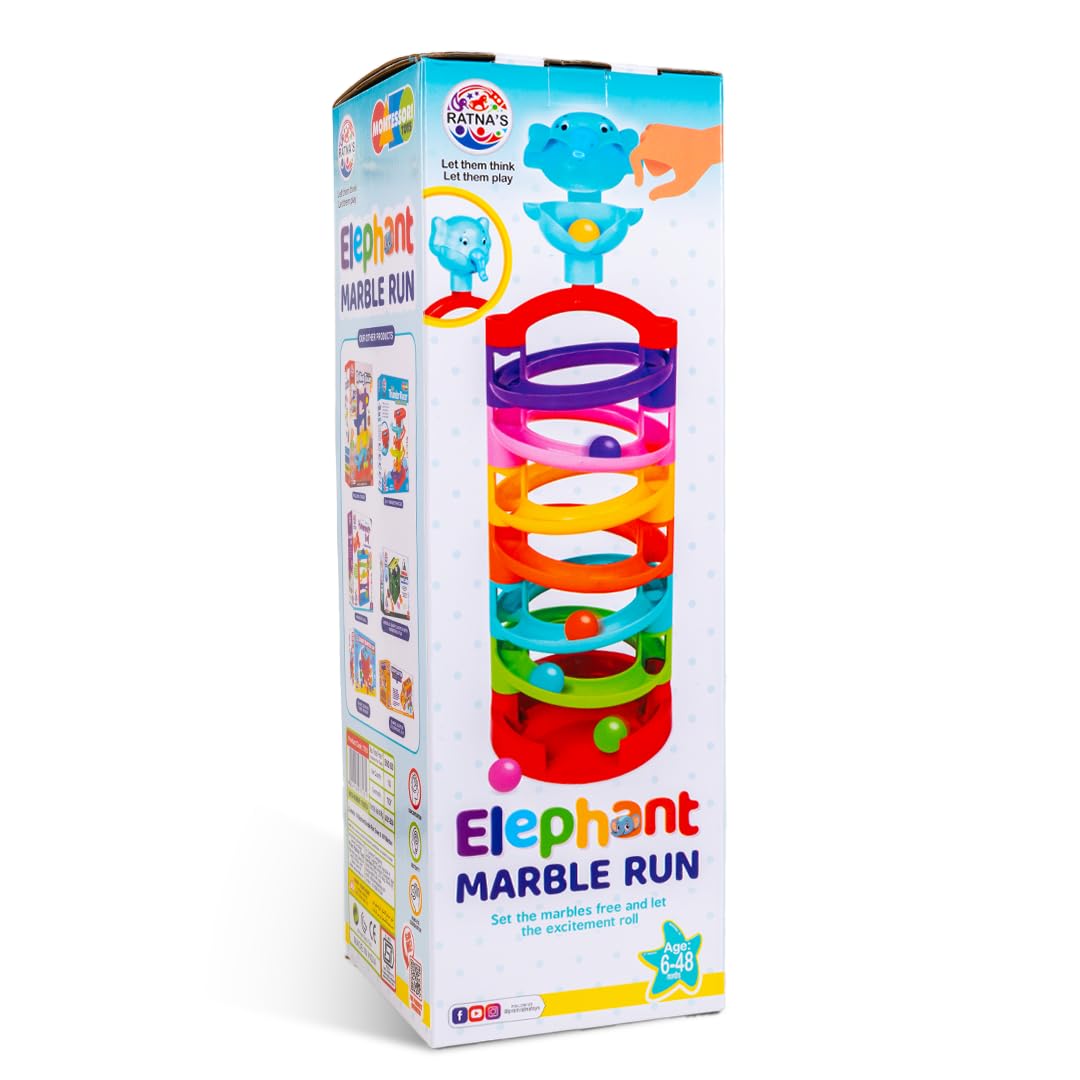 Ratna's Elephant Marble Run Rolling Stacking Toys for 6 + Month Old Baby, Multicolor