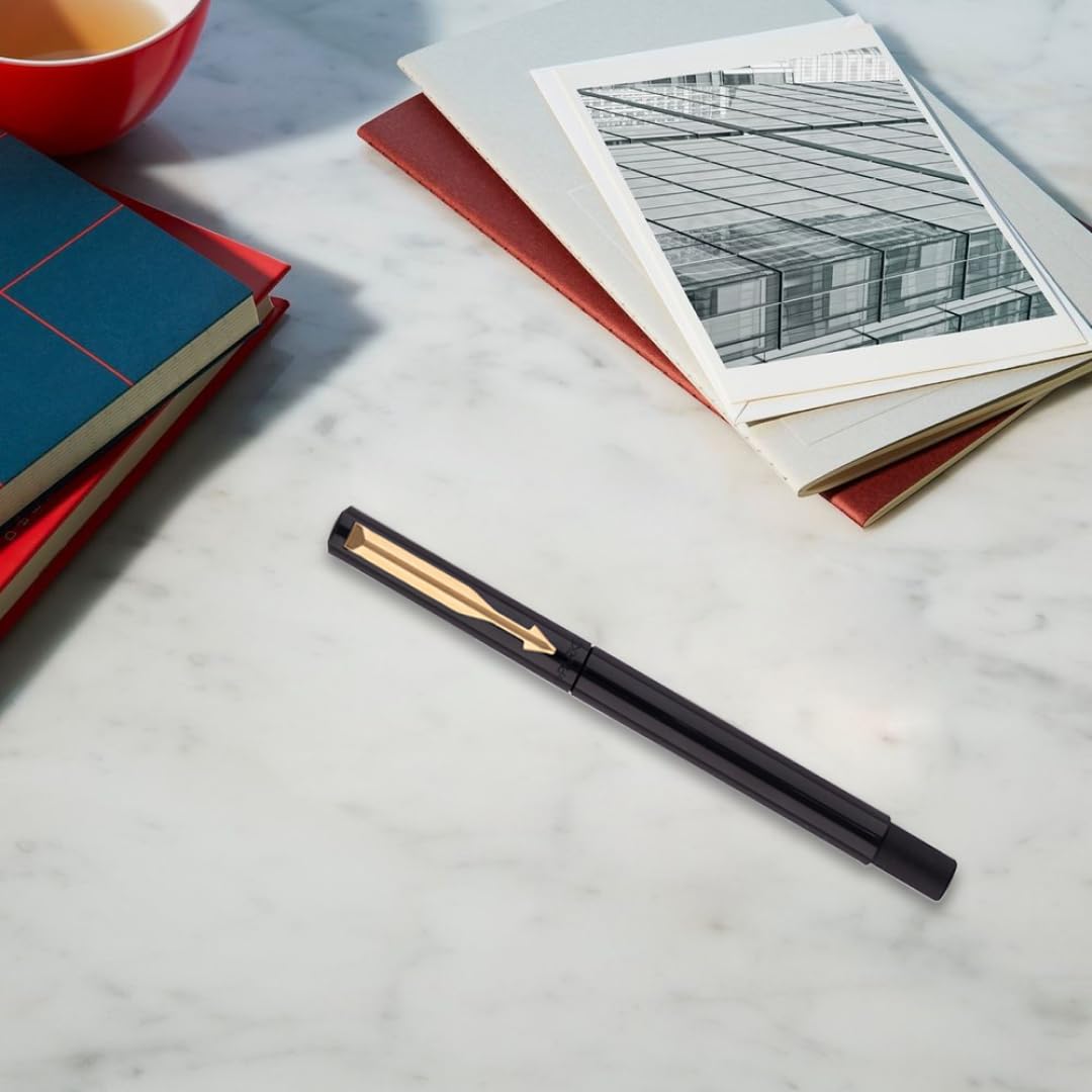 Parker Vector Standard Gold Trim Roller Ball Pen | Ink Color - Blue | Black Body Color | Ergonomic Design | Built for long writing sessions