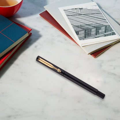 Parker Vector Standard Gold Trim Roller Ball Pen | Ink Color - Blue | Black Body Color | Ergonomic Design | Built for long writing sessions
