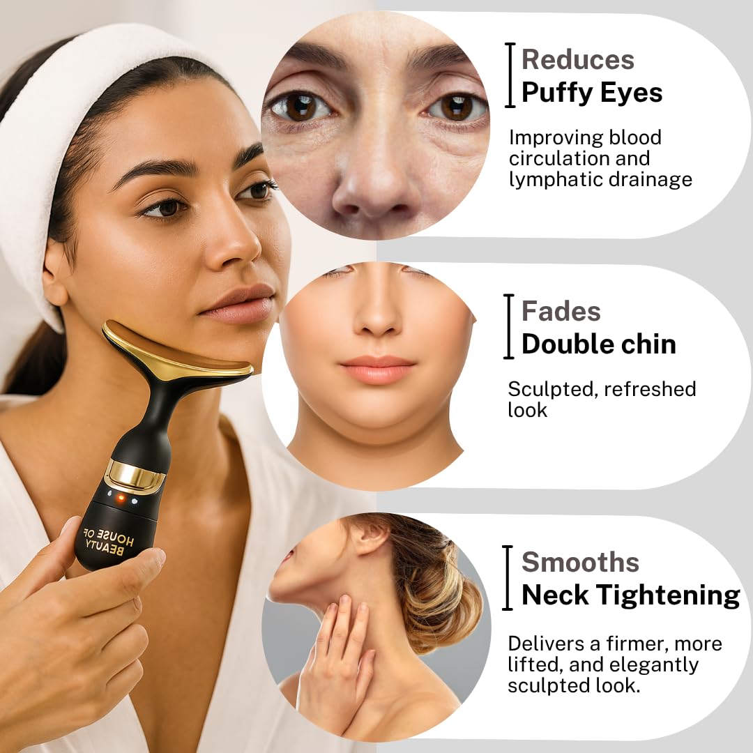 House of Beauty Double Chin Massager for Women & Men |3 in 1 Face& Jawline Lifting, Eye Puffiness, Skin Tightening | 10,000 Vibrations/Min | Anti-Ageing Face Sculpting Tool | Portable & Rechargeable