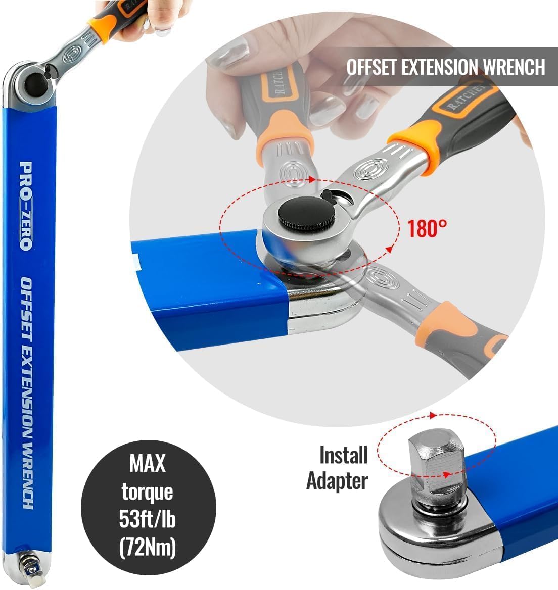 PAGALY Offset Extension Wrench, 15-Inch Offset Impact-Ready Socket Wrench Tool with 1/2", 1/4" and 3/8" Square Drive Adapters, Zero Degree Ratchet Tool for Car (CHAIN WRENCH)