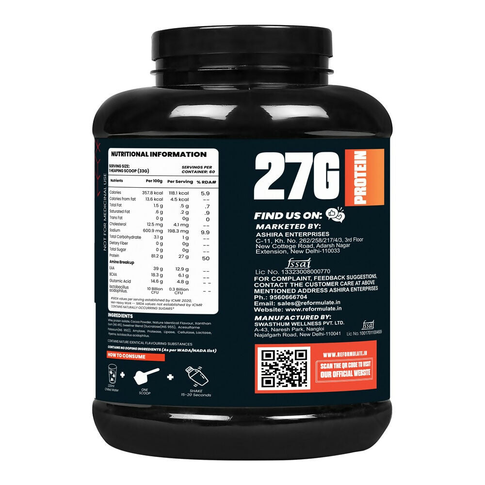 Reformulate I Isoform I Whey Isolate I Your Daily Meal Replacement Formula I 27G Protein | 6.1G BCAA | 12.9G EAA | O g Sugar - Chocolate