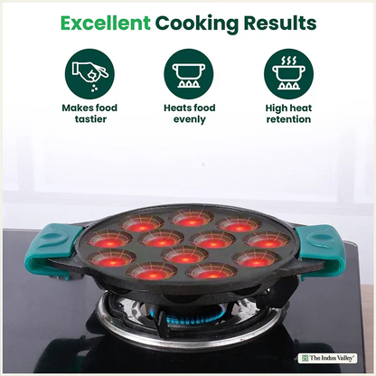 The Indus Valley 12 Pit/Cup CASTrong Cast Iron Paniyaram/Appe Pan, Pre-seasoned, with Double Handle Silicone Grip,Toxin-free, 20.8 cm, 2.2 kg