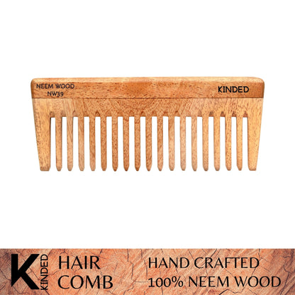 KINDED Handmade Oil Treated Wooden Hair Comb - Neem Wood NW39, Wide Tooth