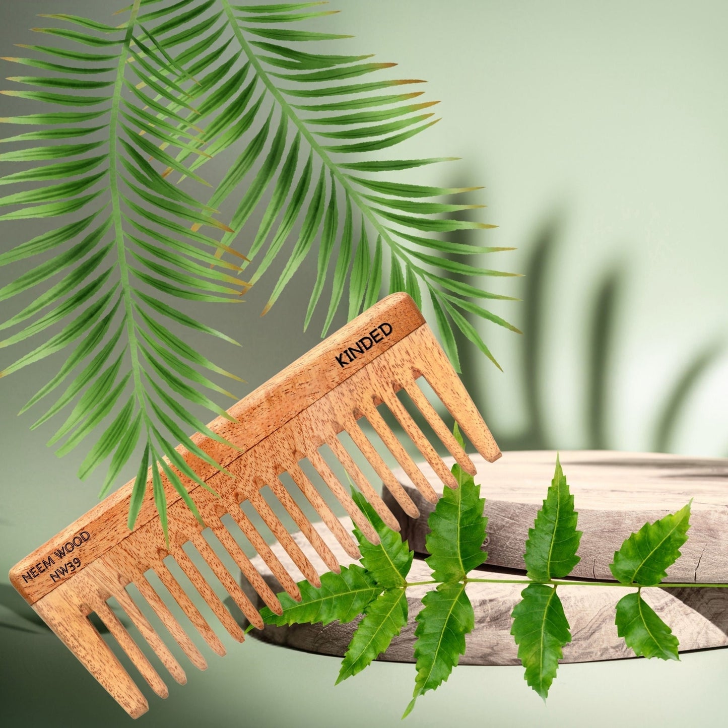 KINDED Handmade Oil Treated Wooden Hair Comb - Neem Wood NW39, Wide Tooth