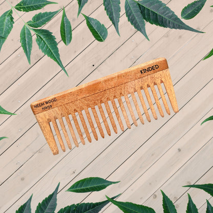 KINDED Handmade Oil Treated Wooden Hair Comb - Neem Wood NW39, Wide Tooth