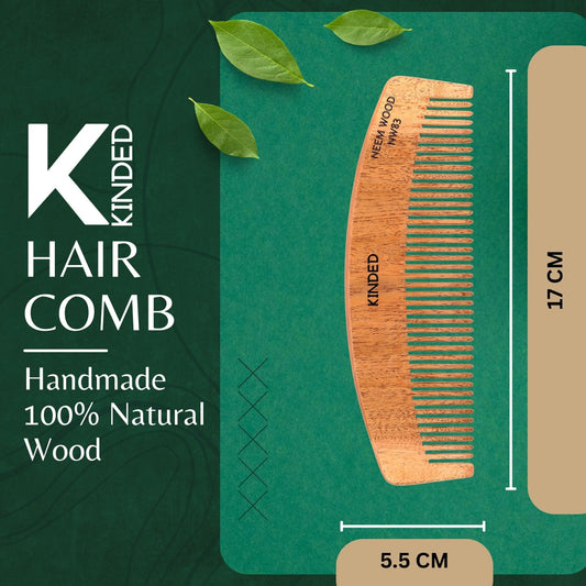 KINDED Handmade Oil Treated Wooden Hair Comb - Neem Wood NW83, Regular Tooth