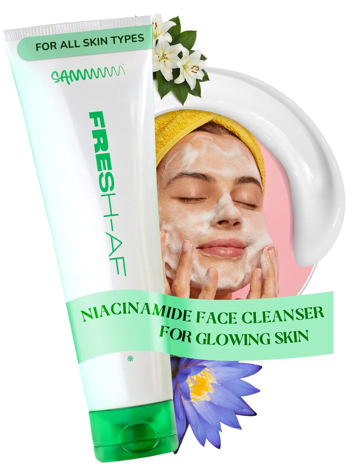 Sammmm FRESH-AF Purifying Foaming Cleanser 50g | Deep Cleansing Face Wash with Niacinamide, Blue Lotus & White Lily | Creamy Foaming Face Wash | Removes Dirt, Oil, Sweat & Pollution | For Young Skin