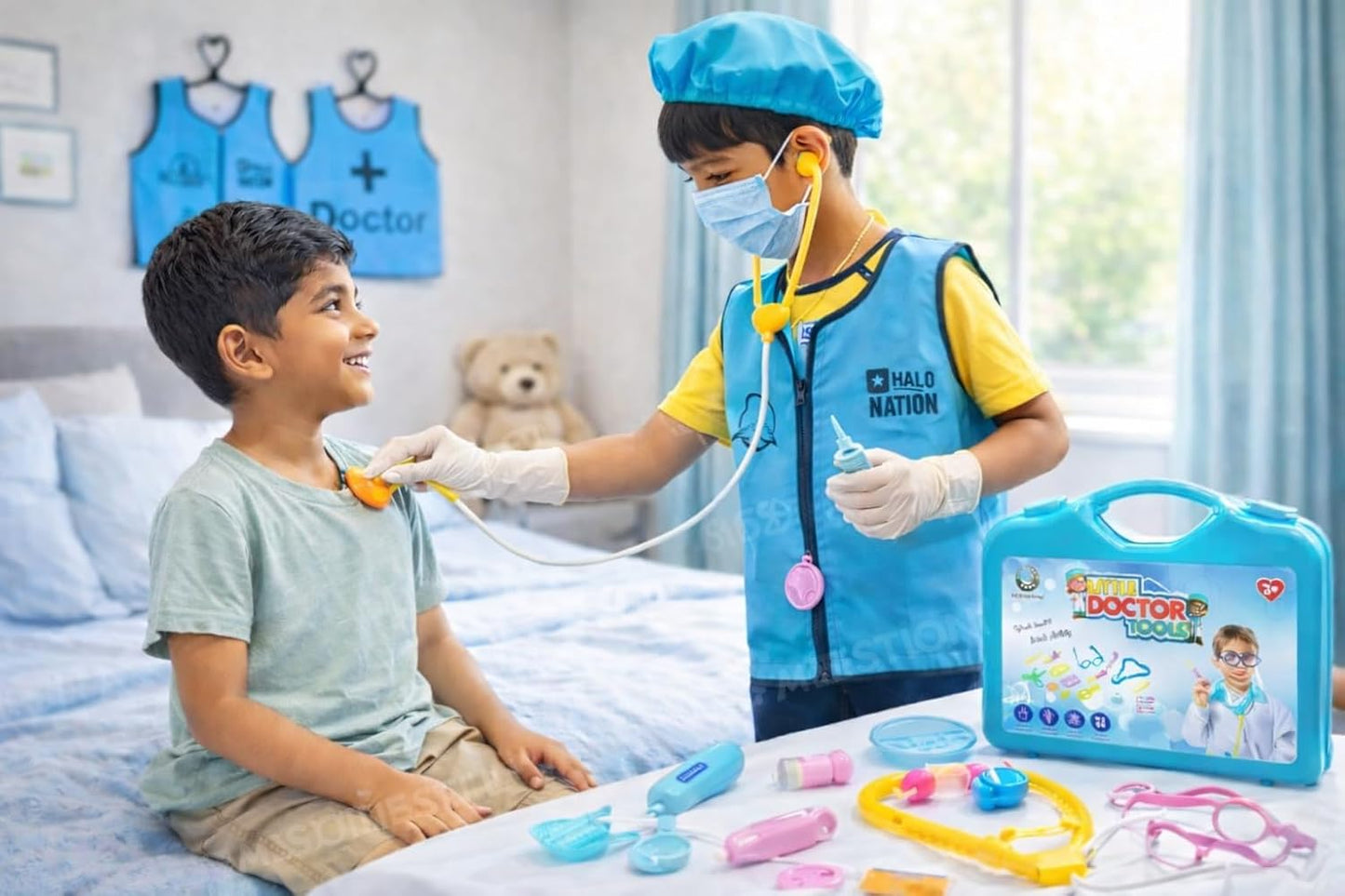HALO NATION® Doctor Pretend Play Kit for Kids | Dress-Up Jacket, Cap, Mask, Gloves and Foldable Suitcase Tool kit with 7 Pretend Tools, (3–12 Yrs)