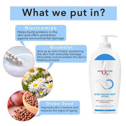 O3+ Ultra Healing Brightening Body Lotion Moisturiser With Hyaluronic Acid & Aloe Vera 400ml, For All Skin Types - For Men & Women