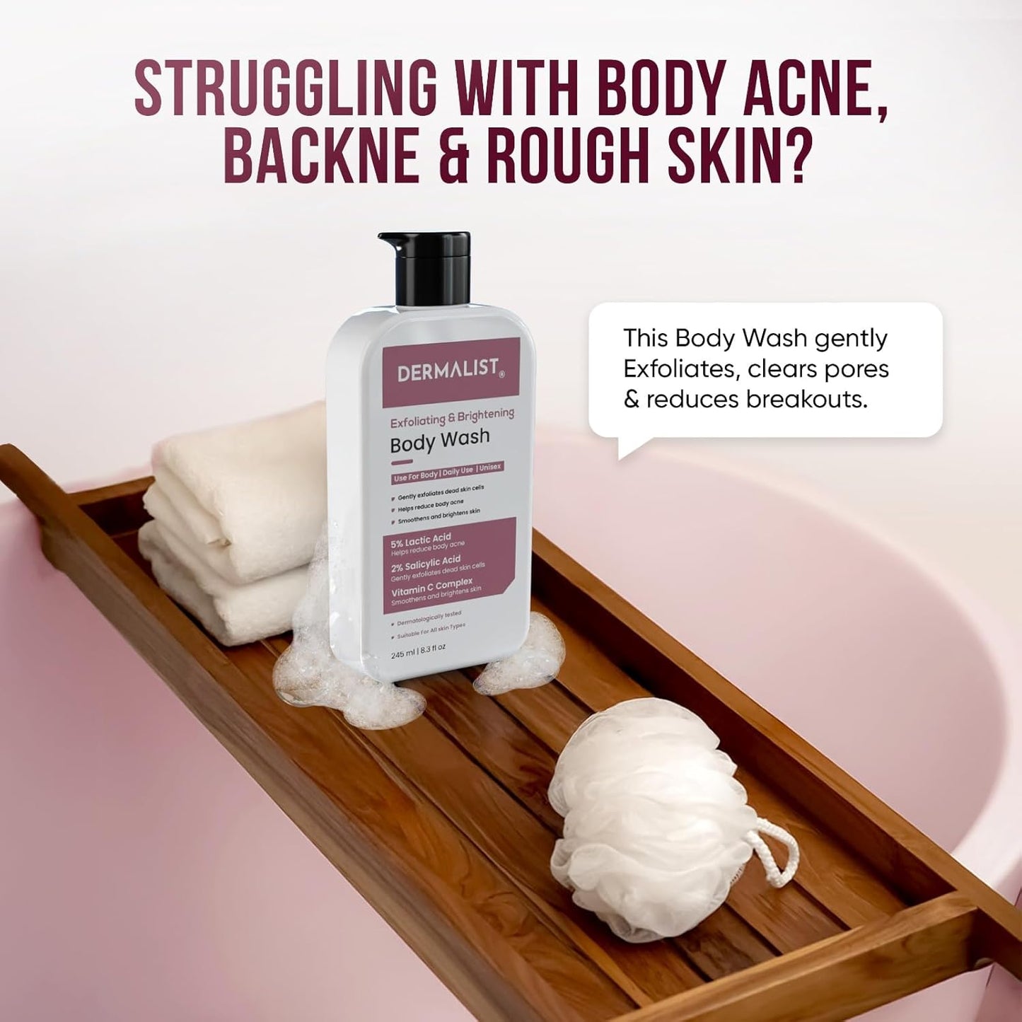 Dermalist Exfoliating & Brightening Body Wash 5% Lactic Acid + 2% Salicylic Acid + Vitamin C and De-Tan Shower Gel For Men & Women Reduces Body Acne & Dead Skin 245ml