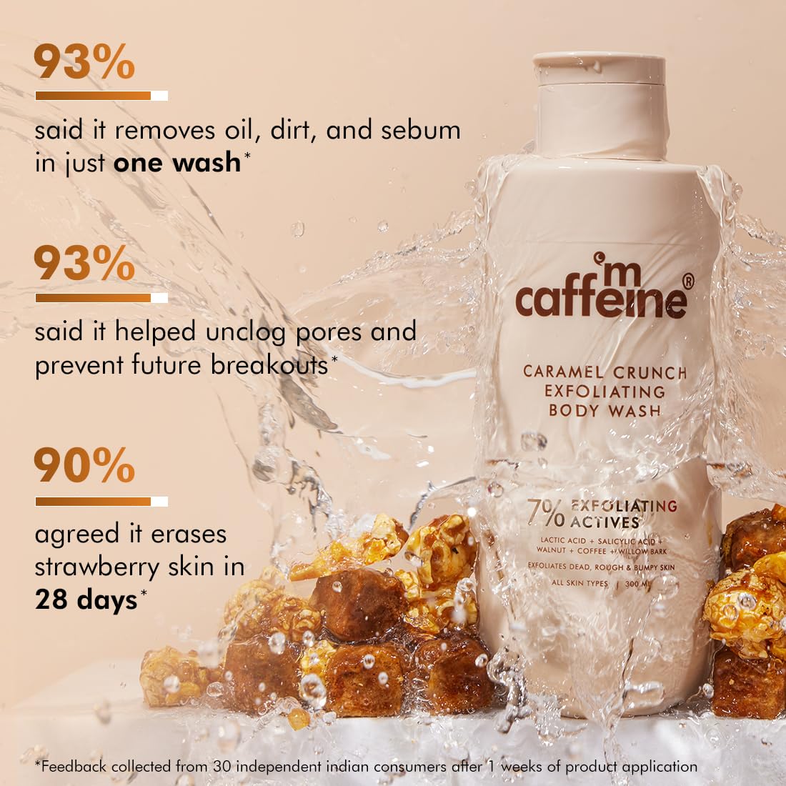 mCaffeine 7% Exfoliating Body Wash with 1% Salicylic 2% Lactic Acid | Reduces Body Acne, Strawberry Skin, Ingrown Hair & Smoothes | Sweet Caramel Shower Gel for Women & Men- All Skin Types (300ml)