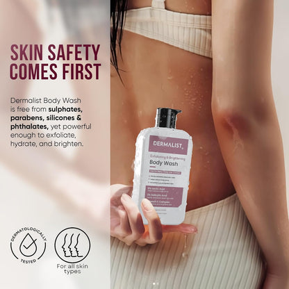 Dermalist Exfoliating & Brightening Body Wash 5% Lactic Acid + 2% Salicylic Acid + Vitamin C and De-Tan Shower Gel For Men & Women Reduces Body Acne & Dead Skin 245ml